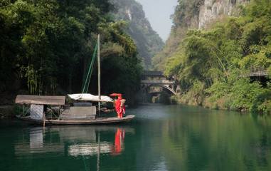 The actress wear the chinese traditional for show the tradition life and China promoted the travelling spot at Long Jin Xi ancient village