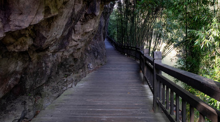 The wooden walkway at Yangtze river for the traveler along with the three gorges area
