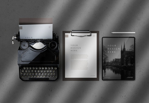Tablet Pro Clipboard and Typewriter Mockup