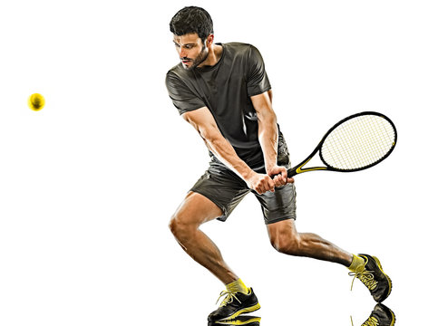 mature tennis player man backhand isolated white background