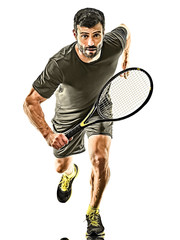 mature tennis player man isolated white background