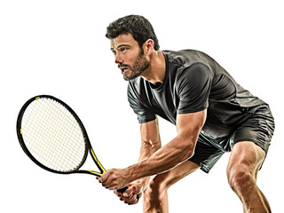 mature tennis player man isolated white background - obrazy, fototapety, plakaty