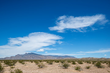 Fototapeta na wymiar USA, Nevada, Clark County, Gold Butte National Monument. A wide view of Virgin Peak beyond Frenchman Flat along Frenchman Cove Road.