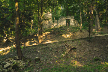 stone material castle ruin ancient building construction in forest sunny landscape nature...