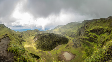 La Soufriere volcano crater panorama with tuff cone hidden in green, Saint Vincent and the...