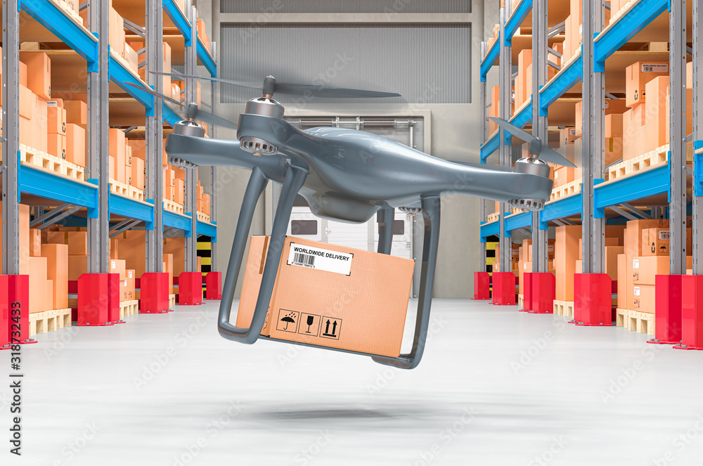 Poster drone with parcel in storehouse. 3d rendering