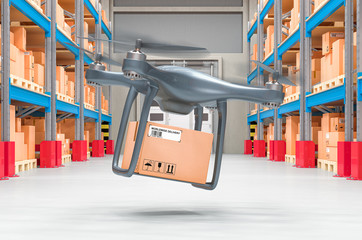 Naklejka premium Drone with parcel in storehouse. 3D rendering
