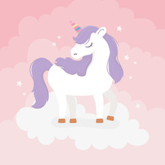 unicorn with purple hair on clouds fantasy magic dream cute cartoon © Stockgiu