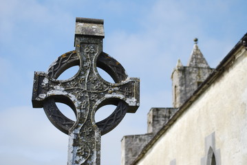 Stone Carved Celtic Cross with Shamrocks in Ireland