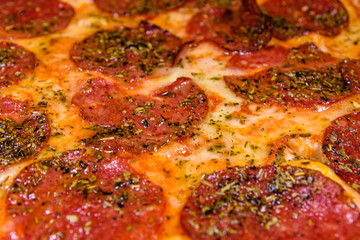 Background of the pizza with salami sausage and parmesan cheese