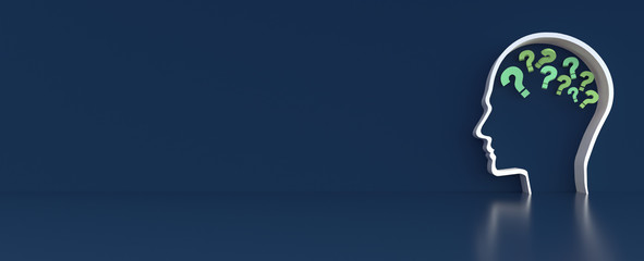 question mark in Human Head outline in front of a color wall background. Business support concept