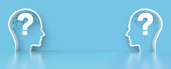 question mark in Human Head outline in front of a color wall background. Business support concept