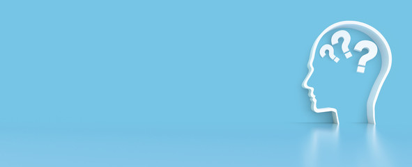 question mark in Human Head outline in front of a color wall background. Business support concept