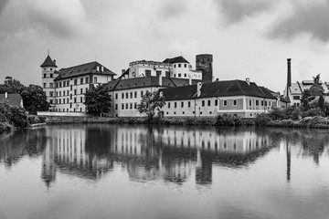 Fototapeta premium Jindrichuv Hradec Castle at sunset time. Reflected in the Little Vajgar pond, Jindrichuv Hradec, Czech Republic