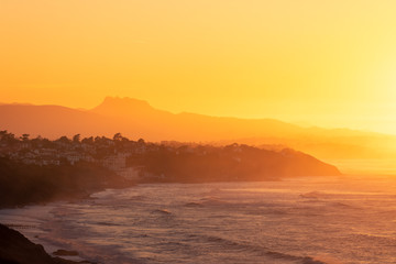 View from Bidart and Getaria towns in the basque coast and Aiako Harriak mountain at the back, at the Basque Country.