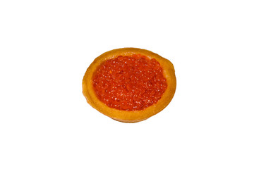 Tartlet with red caviar isolated on a white background. Festive food