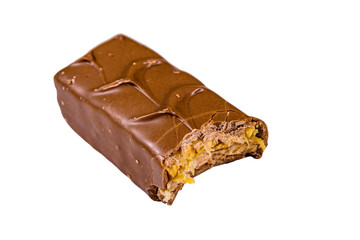 Bitten milk chocolate bar isolated on a white background