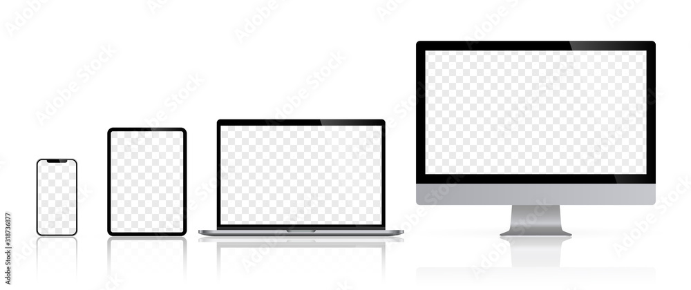 Aufkleber realistic set of computer monitors desktop laptop tablet and phone reflect with checkerboard screen 