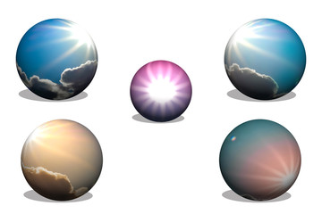 five spheres sunny sky theme 3D on a white background