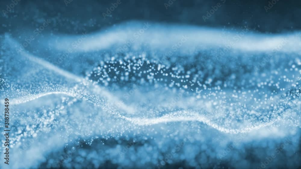 Poster blurry and shiny dots waving on blue copy space animation background.