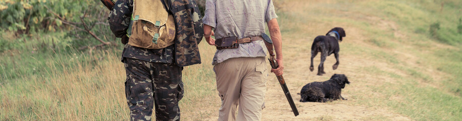 A man with a gun in his hands and an green vest on a pheasant hunt in a wooded area in cloudy weather. Hunter with dogs in search of game.