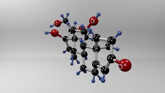 Prednisolone molecule. Molecular structure of prednisolone, steroid medication used as anti-inflammatory, allergy treatment, and immunosuppressive agent. Alpha channel.