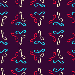 Seamless pattern with triangular groups of geometric shapes.