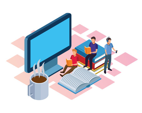 hot coffee mug, computer and people reading
