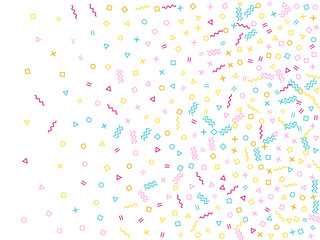 Geometric confetti background with triangle, circle, square shapes, chevron and wavy lines