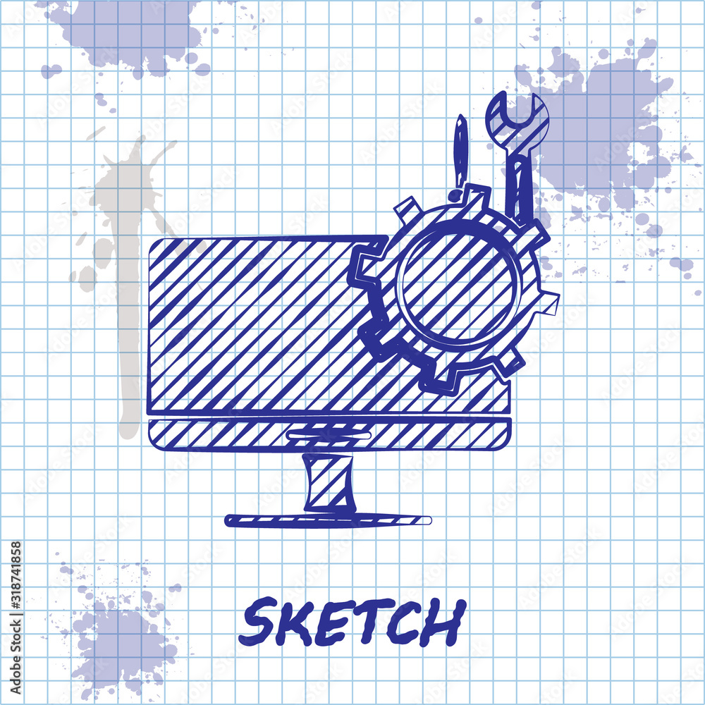 Aufkleber sketch line computer monitor with screwdriver and wrench icon isolated on white background. adjustin