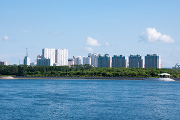 Russia, Blagoveshchensk, July 2019: across the Amur river Chinese city of Heihe view from the city of Blagoveshchensk
