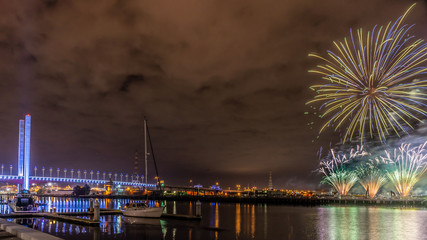 Fireworks next to Bolte bridge in Docklands suburb of Melbourne, Australia