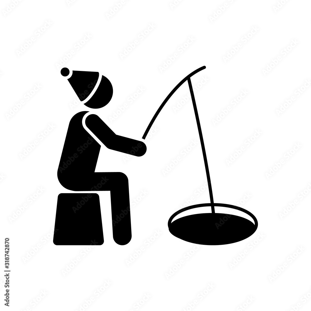 Poster man catches fish on ice icon. simple vector pictogram of winter recreation icons for ui and ux, webs