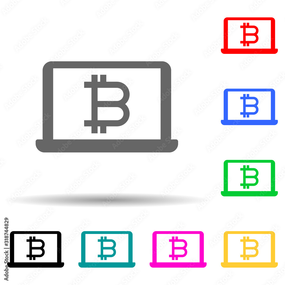 Poster bitcoin in laptop multi color style icon. simple glyph, flat vector of crypto icons for ui and ux, w