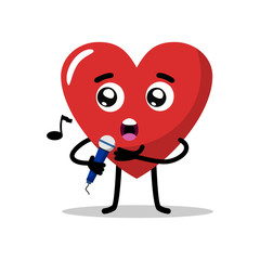 Cute characters in love hearts hold microphones and sing a song, vector karaoke mascot. flat design