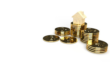 The  home wooden gold coins group 3d rendering on white background  for property content.