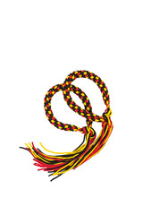 Pra Jiad or Prachiat with stripes, yellow, red, black, are isolated on white background, using by Muay Thai athletes, Pra Jiad is a type of armband..