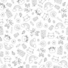 vector doodle seamless pattern with easter design: bunny, plants, animals, bird cage, rainbow, flowers, eggs, jar, hearts. unique wrapping paper of outline happy easter line art sketch ink drawings