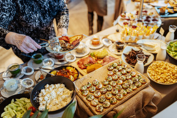 Various foods in brunch buffet in restaurant .