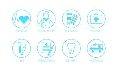 vector illustration in flat style.  concept of medical icons for applications, banners, websites. Illustrations for diagnosis, treatment, analysis, medical research, ambulance. Online doctor