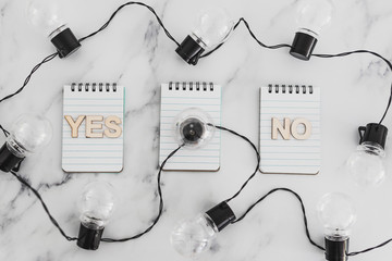 decision making process, group of notepads with yes and no options and string of light bulbs