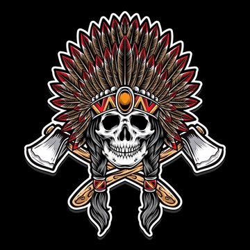 indian skull chief with axe vector