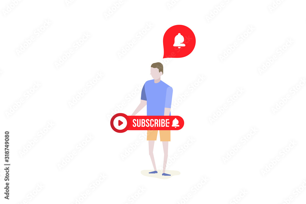 Poster subscribe button with bell icon. man holds red button in his hands for channel and video blog in soc