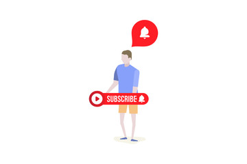 Subscribe button with bell icon. Man holds red button in his hands for channel and video blog in social media on white background. Flat vector illustration EPS10