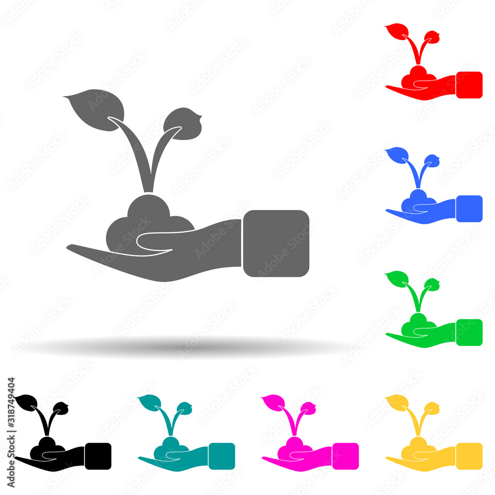 Poster hand holds a sprout multi color style icon. simple glyph, flat vector of ecology icons for ui and ux