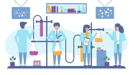 Obraz na płótnie Canvas Chemical laboratory antivirus vaccine search vector illustration. Working scientists chemists team doing pharmaceutical researches banner. People in lab with glass flasks, test tubes, liquids.