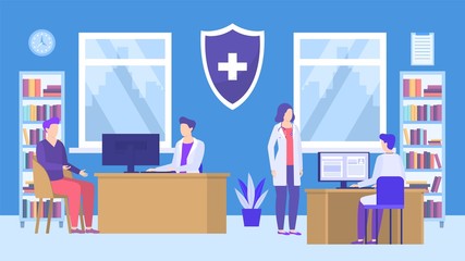 Doctors and patient in medical clinic, hospital office vector illustration. Group of colleagues doctors at workplaces in room interior. Pharmacy inside. Computers, desks, cabinets with documents.