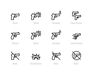 Gun icons set. Vector Handgun, Pistol, Weapon and No Gun Sign. Military Equipment. Editable line - 318752008
