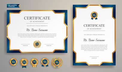 Simple blue and gold certificate of achievement template with gold badge and border - obrazy, fototapety, plakaty