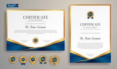 Elegant blue and gold certificate of achievement template with gold badge and border